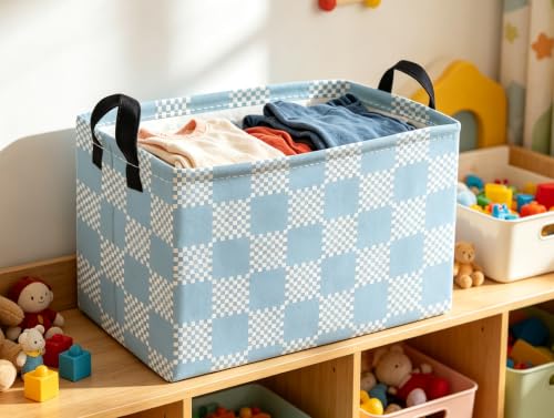 Image of Essme Rectangular Grid Baskets,Blue Storage Box,Cute Basket with Handles for Room Decor, Book Bins.(Blue grid)