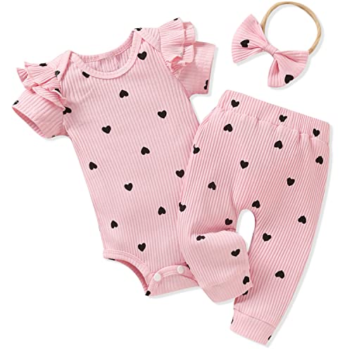 Aalizzwell Preemie Baby Girls Clothes Ribbed Heart Short Sleeve Spring Summer Outfits Valentines Pink Premature