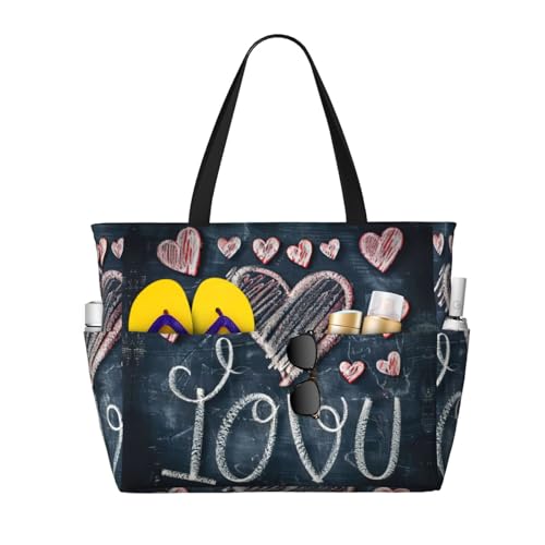 Sac fourre-tout avec inscription I Love You et cœurs, grand sac à main romantique
