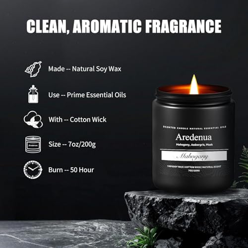 Image of Mahogany Candle | Scented Candles for Home, Manly Candles Gifts for Women Men - 7oz Soy Candle for Home Scented - Aromatherapy Gifts for Men - 50 Hours Long Burning - Black Jar