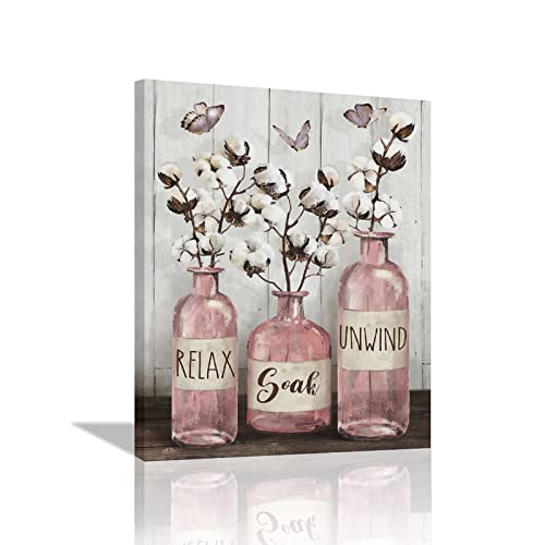remzoke Farmhouse Bathroom Decor Wall Art Rustic Cotton Pink Jar Pictures for Country Canvas Prints Relax Soak Unwind Signs Painting Modern Artwork Home Decoration for Bathroom 12"x16"