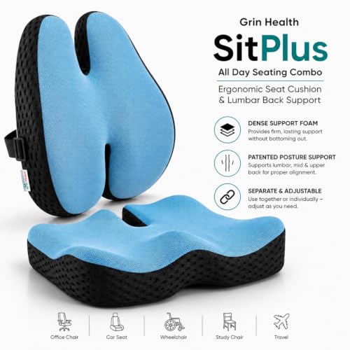 Image of Grin Health SitPlus Ergonomic Seating Combo | Dense Orthopedic Coccyx Seat Cushion & Patented Lumbar Back Support for Office Chair, Car & Long Sitting | Relief for Back Pain, Coccyx & Tailbone Pain
