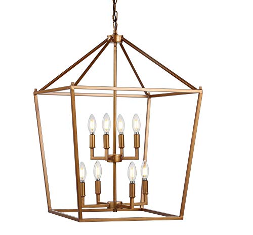 Image of JONATHAN Y Pagoda 8-Light Pendant 20 inch Cage, Antique Gold | Traditional Metal Farmhouse Hanging Lantern Ceiling Fixture, Adjustable Chain Link, For Kitchen Island, LED Bulb Included