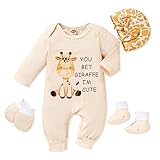 Sinhoon Newborn Baby Girl Romper Infant Letter Print Bodysuit Jumpsuit+Hat+Gloves+Socks 4Pcs Cute Coming Home Clothes Outfit Set (Beige-Giraffe, 1-3 Months)