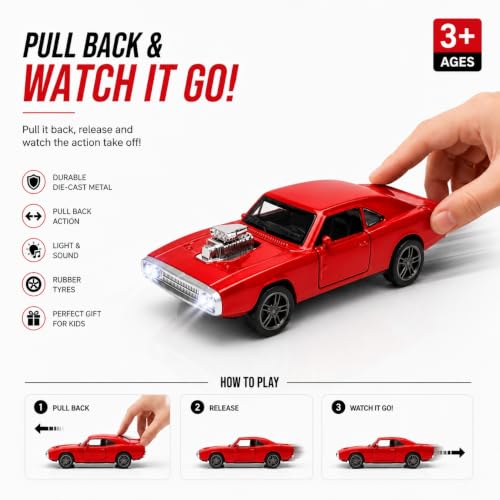 Image of 1970 Dodge Charger Die-Cast Toy Car for Kids - 1:36 Scale Pull Back Metal Model Car with Openable Doors, LED Lights & Music | Vintage Muscle Car Collectible Toy (Red)