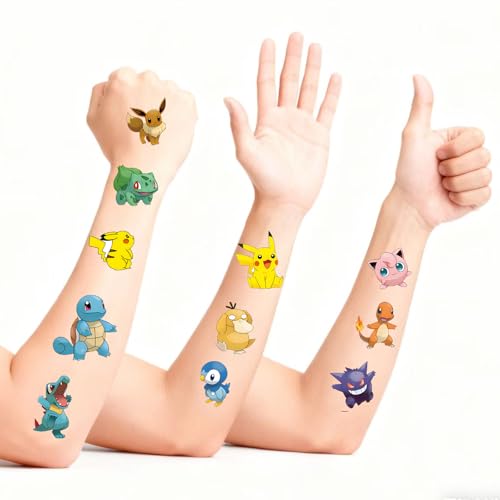 20Pcs Pokemon Temporary Tattoos for Kids Birthday Party Favors Cute Cartoon Decoration Sticker Gifts for Teen Girl Boys Home Activity Class Prizes Carnival Christmas Rewards