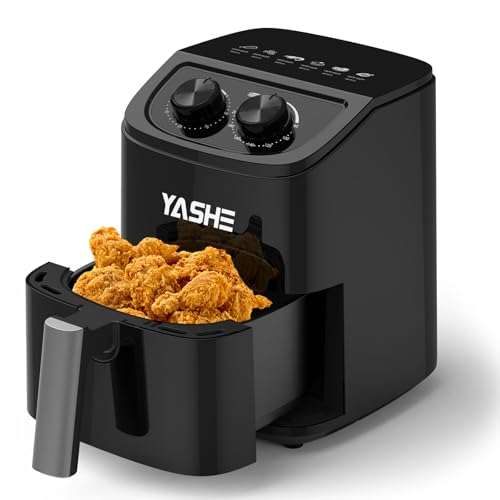 YASHE Heißluftfritteuse 2,3L für 1–2 Personen, Kompakter Airfryer mit 6 Menüoptionen, Drehknopf für Temperatur & Timer, ...
