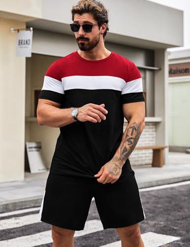 Babioboa Men's Short Sleeve Colorblock T Shirt & Shorts Sweatsuit Set Summer 2 Piece Outfits Casual Athletic Sports Tracksuit4