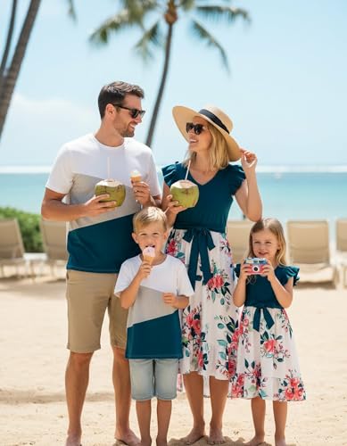 Image of PATPAT Family Matching Outfits Mommy and Me Outfits Floral Dress & Tee Sets | Couples Matching Outfits, Women Girl Flutter Sleeve Dress, Men Boy Cotton Blend T-shirts, Beach Vacation, Family Photoshoot