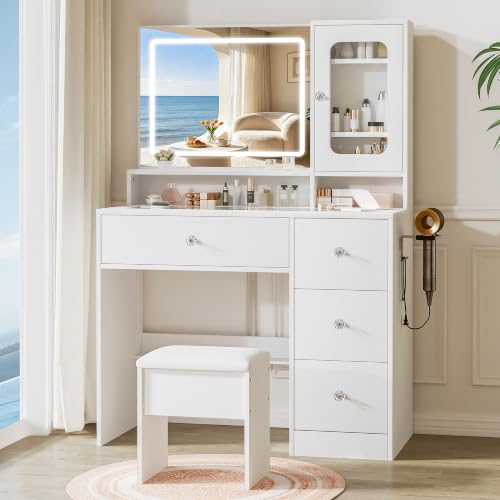 Image of LIVELYGLOW 35.4 inch White Makeup Vanity Desk with Glass Top & Acrylic Cabinet
