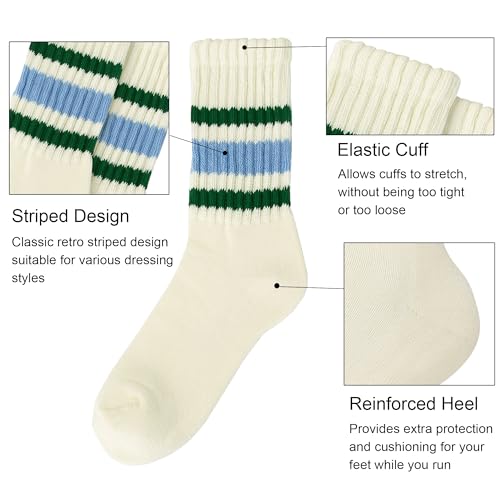 Crew Striped Socks for Women: Classic Retro Novelty Mid Calf Tube Cotton Socks with Cushioned Size 5-102