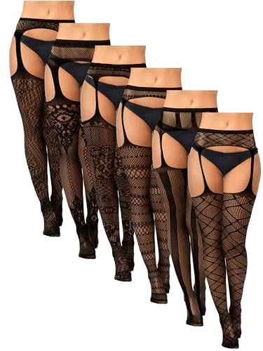 Image of Jadive 6 Pairs Women Plus Size Suspender Tights Fishnet Thigh High Stockings Garter Belt Lingerie Pantyhose