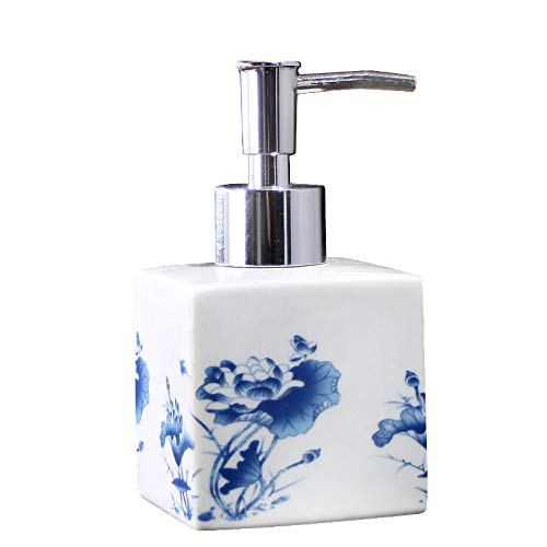 SAFWE Dispensador de jabón de loción, dispensador de jabón de loción de cerámica con Bomba para baño y Cocina, Oficina, Botella líquida Decorativa Floral de Porcelana Azul y Blanca Vintage