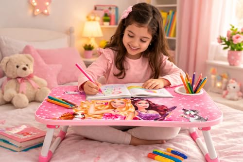 Image of Printed Wooden Study Desk for Kids, Foldable & Portable Laptop Table for Bed, Large Kids Activity Table with Non-Slip Legs, Multipurpose Breakfast Tray & Picnic Table (60x40x26 cm) (Barbie)