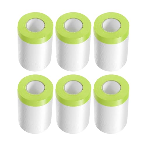 Image of HARFINGTON 6 Rolls Pre-Taped Masking Film 21.7 inch x65.6ft Tape and Drape Painters Plastic Drop Cloth Film with Tape Plastic Sheeting for Automotive Painting Covering, Green