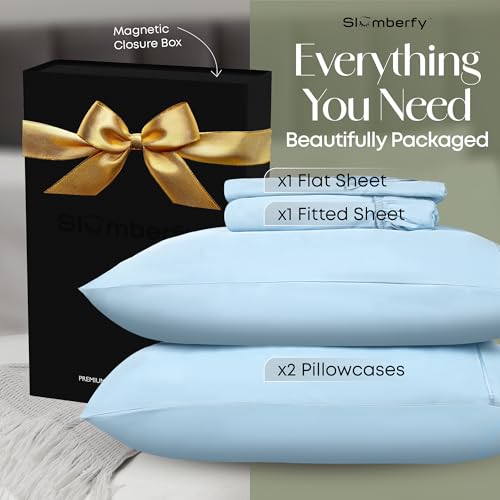 Image of Slumberfy 3-Piece 400 TC Viscose Derived from Bamboo Sheets, Twin Size - 1 Fitted, 1 Flat, 1 Pillow Case - Deep Pocket Cooling Viscose-Bamboo Bed Sheets in Magnetic Closure Gift Box, Light Blue
