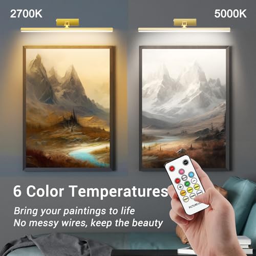 Image of Mocalido 2 Pack Gold Picture Light Battery Operated for Wall 16in, 6 Colors Wireless LED Art Light for Painting with Remote, 5200mAh Dimmable Frame Lights for Gallery Library