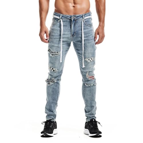 XYGJZ Men's Distressed Denim Pants Ripped Light Blue Jeans Slim Fit