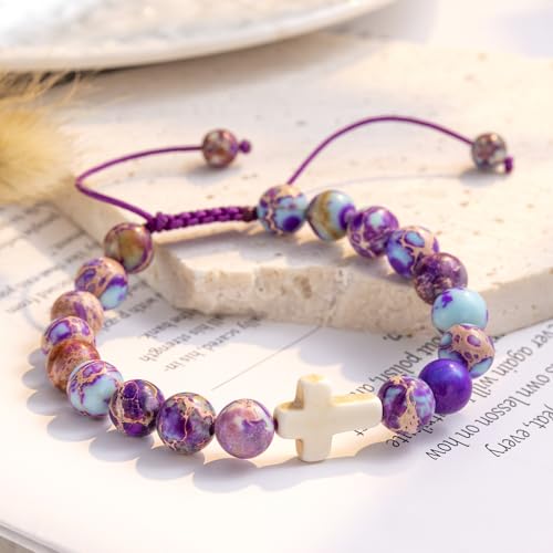 FRG Easter Basket Stuffers for Girls, Cross Charm Bracelet Easter Gifts for Womens Natural Stone Beaded Bracelet Christian Gifts for Girls Inspirational Jewelry3