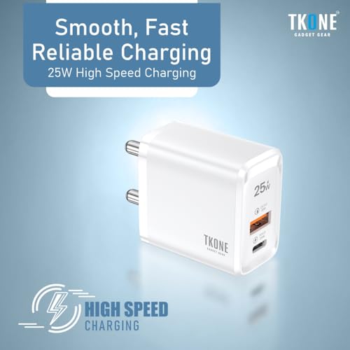 Image of TKONE 25W Dual Port Fast Charging Adapter, Type-C & USB A, Compatible with iPhone 17 /16 /15 /14 /13 /12 Series, Samsung Galaxy S25 /S24 /S23, OnePlus, Nothing, Tablets & Earbuds, BIS Certified (White)