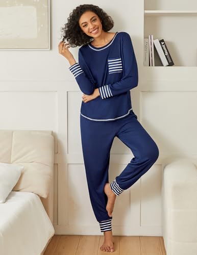 Image of Ekouaer 2 Pack Womens Pajama Sets Long Sleeve Lounge Sets Soft Pj Sleepwear Loungewear