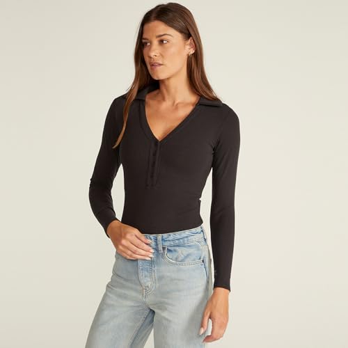 Image of BYLT Ribbed Long Sleeve Bodysuit for Women with Built-In Bra - Collared Moisture Wicking Body Suit - Fitted Thong Bodysuits