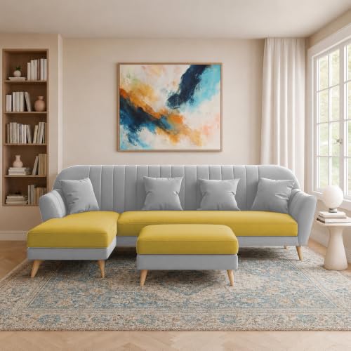 Image of Atticus LHS 6 Seater L Shape Sofa Set with Ottoman Living Room (Yellow Grey Colour Fabric) Premium Fabric Sofa Set for Living Room