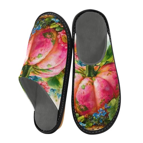 Slippers for Women Pink Pumpkin Flowers Soft Fuzzy Women's Slippers Indoor and Outdoor Shoes