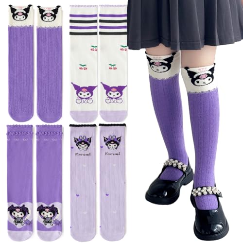 Image of 4 Pairs Knee High Socks for Girls & Women, Cute Cartoon Thicken Over Knee Stockings Cotton Long Socks Halloween Costume 15 inch