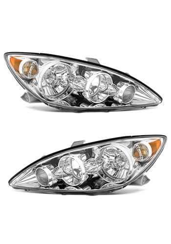 AXLAHA Headlight Assembly for 2005-2006 Toyota Camry Chrome Housing Amber Reflector Driver and Passenger Side Pair Replacement Headlights (Base LE SE XLE Sedan Only Not for Japanese Models)