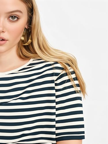 Image of Mack Jonney Oversized | Loose Fit | Half Sleeves 100% Cotton Round Neck Striped T-Shirt for WOMEN-MACK640651