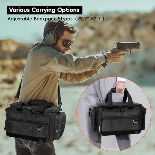 DULCE DOM Tactical Gun Range Bag for Handguns and Ammo, Firearm Rifle Pistol Case for Outdoor Hunting Shooting, Lockable Compartment, Additional Magazine Storage Slots