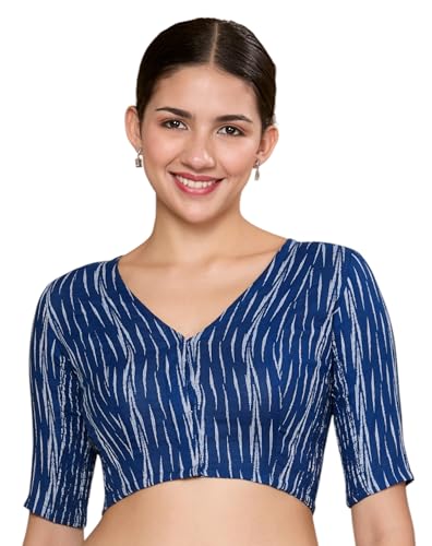 Image of Studio Shringaar Women's Cotton Half Sleeves Ikat Stretchable (Smocked) Readymade Saree Blouse