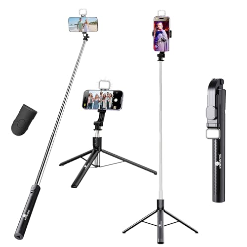 Image of Kratos K50 Selfie Stick Tripod with Light, 67 inch /170CM Reinforced Tripod for Mobile Phone,Multi-Functional Bluetooth Long Selfie Stick for Travel,Vlogging,Compatible with iPhone and All Smartphones