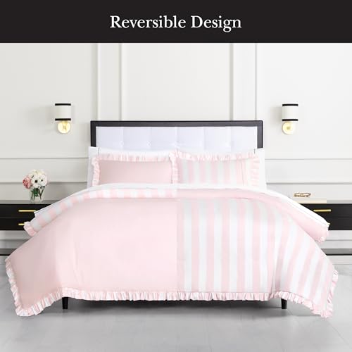 Image of kate spade new york Sateen Ruffle Full /Queen Comforter Set, 300 Thread Count Cotton Sateen Reversible Cover, All Season 3 Piece Bedding, Machine Washable, Pink