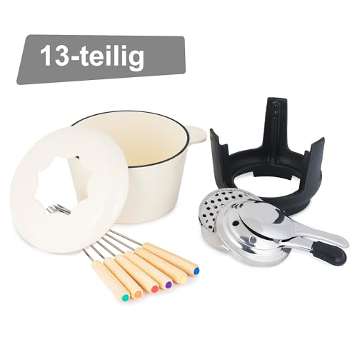 BBQ-Toro Gusseisen Fondue Set für 6 Personen | 1 Liter | Fondueset 13 teilig mit Brenner und Gabeln | Fondue-Set, Käsefondue Set, Fleischfondue Set, Schokofondue Set (Creme emailliert) – Bild 2