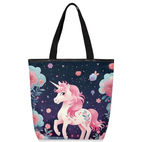 Cute Unicorn Canvas Tote Bag for Women Large Tote Bag with Zipper & Pockets Canvas Beach Bag Shoulder Bag Reusable Shopping Bags Cute Tote Bags for Work Travel