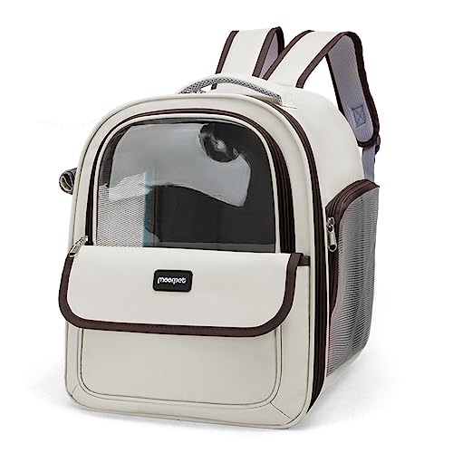 PETCUTE Cat Backpack Carrier,Foldable Pet Carrier Backpack for Cats Small Dogs Puppy with Soft Fleece Mat and Built-in Safety Belt,Transparent Spacious Cat Carrier Rucksack with Great Ventilation