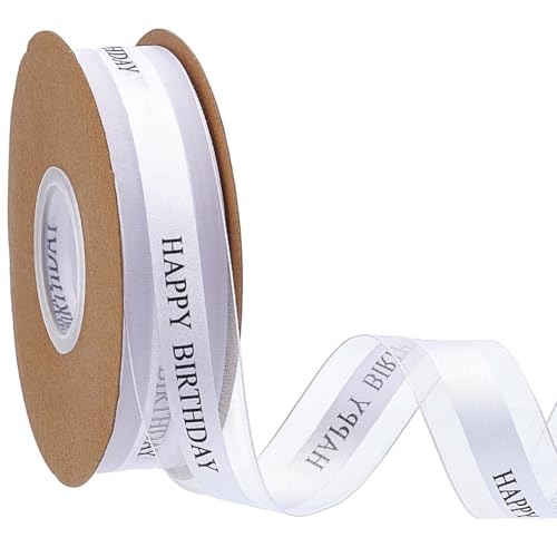 CABODYALS Ruban Blanc « Joyeux Anniversaire » de 45.72 m et 25mm Imprimé avec le Texte « Joyeux Anniversaire » en Organza Transparent et Gros Grain...