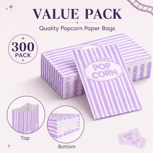 Image of Potchen Paper Popcorn Bags Bulk 2 oz Large Individual Servings Popcorn Bag Flat Bottom Disposable Container Vintage for Movie Night Themed Summer Graduation Party Carnival Supply (200 Pcs,Purple)