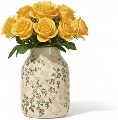 Rustic Vintage Ceramic Vase, 7.8 inch Beige and Green Decorative Vase, Aesthetic Farmhouse Pottery Vase for Home Decor, Living & Dining Room, Bookshelf, Office, TV Stand Table Decor