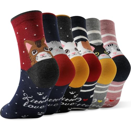 MOCOCITO Calcetines Mujer, 6 Pares Calcetines de Gato Mujer Invierno, Calcetines Térmicos de Algodón Divertidos Adorable Regalos Originales