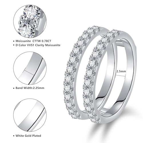 0.6/0.7CT Moissanite Ring Enhancers for Women D Color VVSI Clarity Two Row Round Moissanite Half Eternity Ring, Moissanite Engagement Wedding Rings Enhancers White Gold Plated Size 5-94