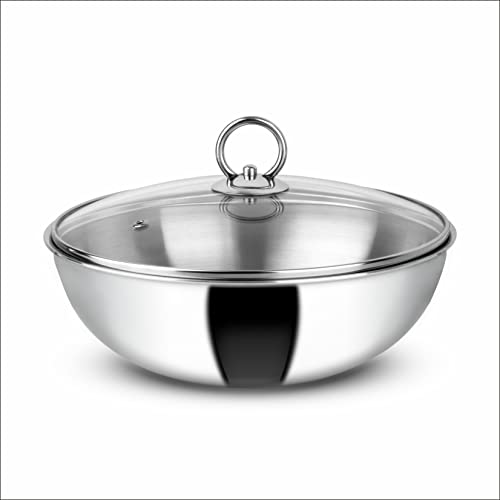 Orange Triply Stainless Steel Deep Kadai/Tasla with Glass Lid 2.0L 20cm Diameter | 5 Year Warranty | Induction Friendly, Easy Clean | Ideal for All cooktops | Silver