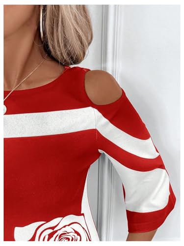 Image of Verdusa Women's Floral Print Cold Shoulder Dress Color Block Half Sleeve Short Dress