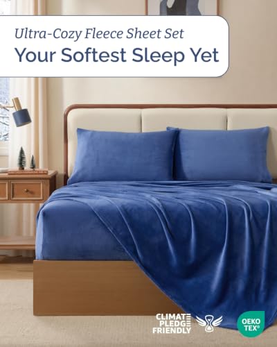 Image of Fleece Sheets King Size Set - 4-Piece Flannel Sheet Set - Washed Blue