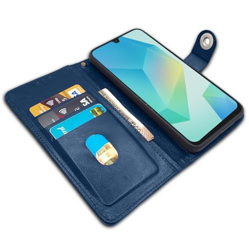 Image of Pikkme Flip Cover Leather Finish | Inside TPU with Card Pockets | Wallet Stand and Shock Proof | Complete Protection Button Flip Case for Samsung Galaxy A16 5G(Blue)