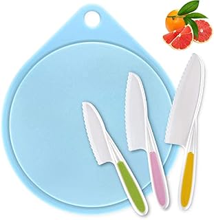 Joyoldelf Knife for Kids, Kitchen Knives Child Safety Knife in 3 Sizes and Plastic Cutting Board/Firm Grip, Serrated Edges, BPA-Free, Colorful Bread Salad Knives (Blue)
