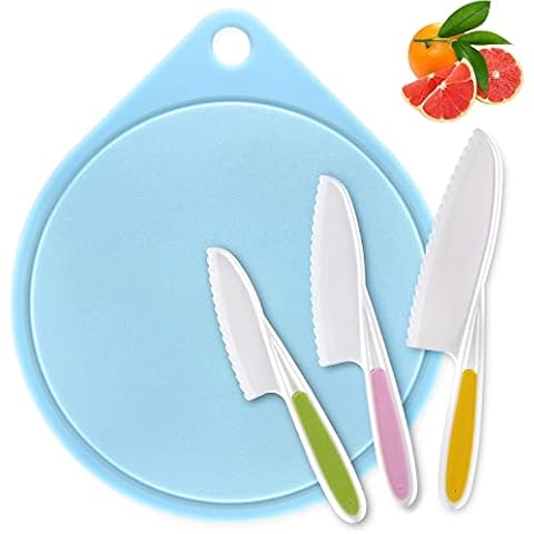 Joyoldelf Knife for Kids, Kitchen Knives Child Safety Knife in 3 Sizes and Plastic Cutting Board/Firm Grip, Serrated Edges, BPA-Free, Colorful Bread Salad Knives (Blue) Cover
