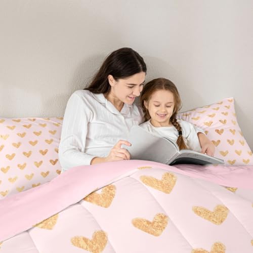 Image of Erosebridal Cute Heart Pattern Toddler Comforter Set Gold Pink Bedding Set for Kids Girls Valentine Love Geometric Comforter Love Heart Duvet Insert